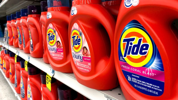 Bottles of Tide detergent, a Procter & Gamble product, are displayed for sale in a pharmacy on July 30, 2020 in Los Angeles, California.