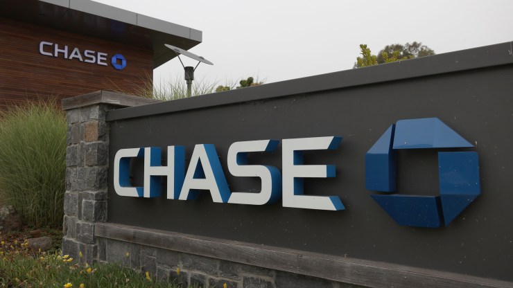 A sign is posted in front of a Chase bank on July 13, 2021 in Mill Valley, California.