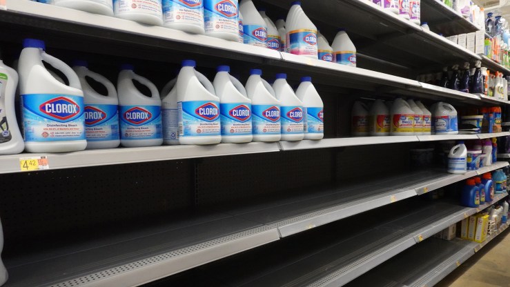 Shoppers are faced with sparsely stocked shelves of cleaning supplies at a big box store on January 13, 2022 in Chicago, Illinois