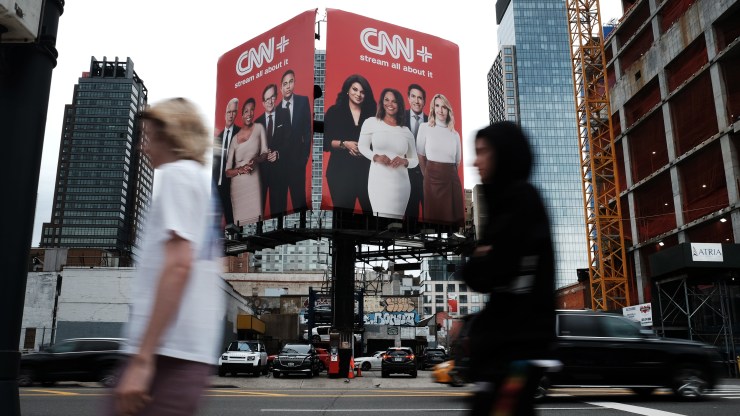 An advertisement for CNN+ is displayed in Manhattan on April 21, 2022 in New York City.