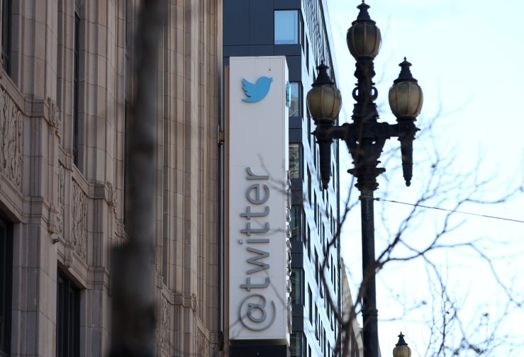An exterior photo of a Twitter sign, on the exterior of Twitter headquarters on April 25, 2022 in San Francisco, California.