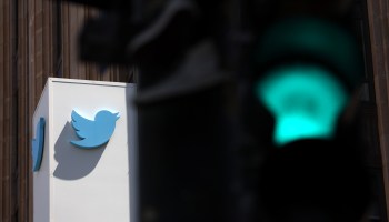 A sign is posted on the exterior of Twitter headquarters on April 25, 2022 in San Francisco, California.