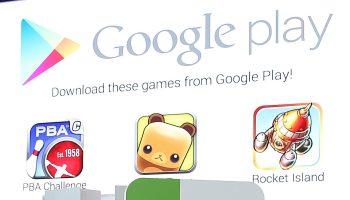 Google Play store is advertised on a screen. It states "Download these games from Google Play."