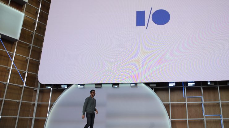 Google CEO Sundar Pichai delivers the keynote address at the 2019 Google I/O conference at Shoreline Amphitheatre on May 07, 2019 in Mountain View, California.