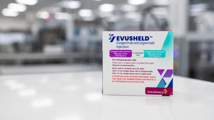 A box of Evusheld, a drug for antibody therapy developed by pharmaceutical company AstraZeneca, is shown.