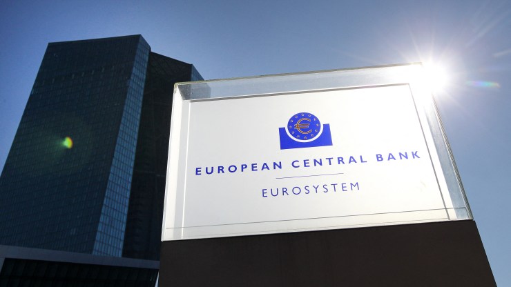 A sign reads "European Central Bank" in Frankfurt, Germany.