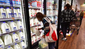 Woman picking up milk from a grocery store refrigerator.