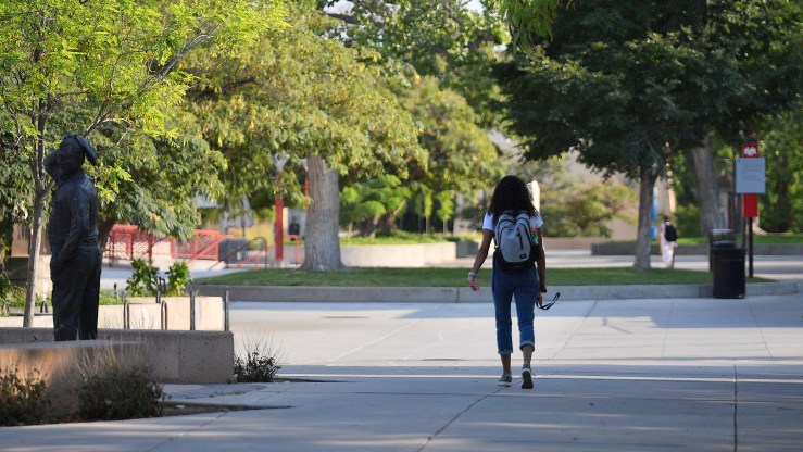 A student walks on the University of New Mexico campus.