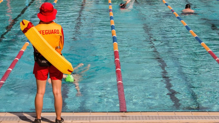 A lifeguard looks over the main pool at North Melbourne Recreation Centre on Oct. 27, 2021, in Melbourne, Australia.