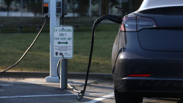 An electric vehicle recharges its battery at the East Crissy Field charge station on March 09, 2022 in San Francisco,