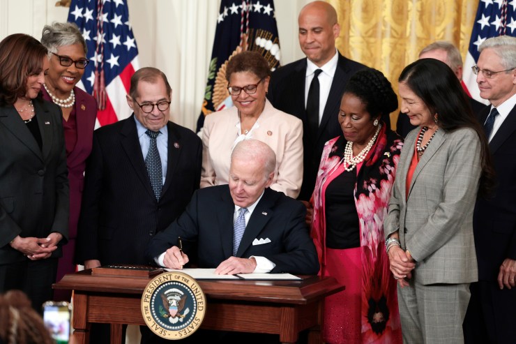 President Joe Biden signs an executive order on police reform in the East Room of the White House on May 25, 2022 in Washington, DC.