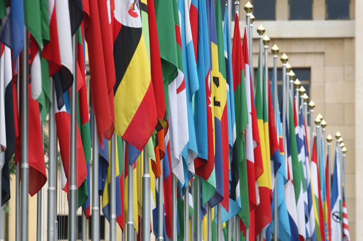 Numerous national flags are seen in front of the United Nations Office in Geneva, Switzerland.