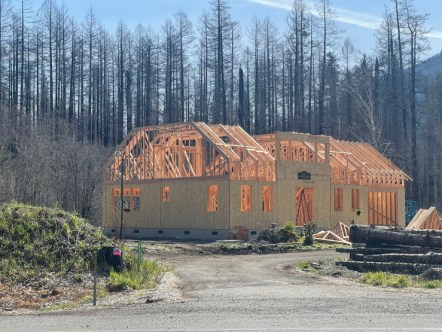 The frame of a single-family home is shown in front of charred trees and hillsides.