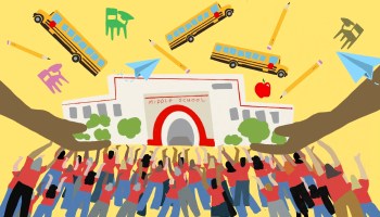 Illustration of a middle school Building. Over a yellow background, a bunch of cartoon people wearing red t shirts hold up the school. Two dark toned hands also hold the school from either side. There are school buses, desks, pencils, and paper airplanes floating in the background.