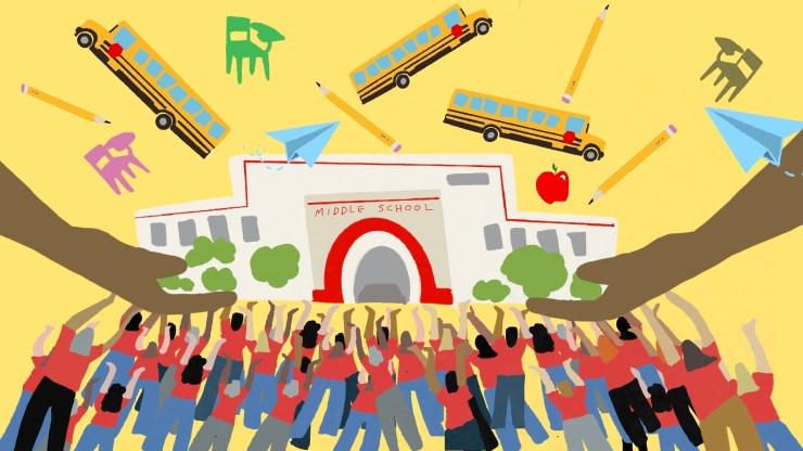 Illustration of a middle school Building. Over a yellow background, a bunch of cartoon people wearing red t shirts hold up the school. Two dark toned hands also hold the school from either side. There are school buses, desks, pencils, and paper airplanes floating in the background.