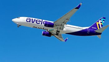 An Avelo airplane is pictured taking off.