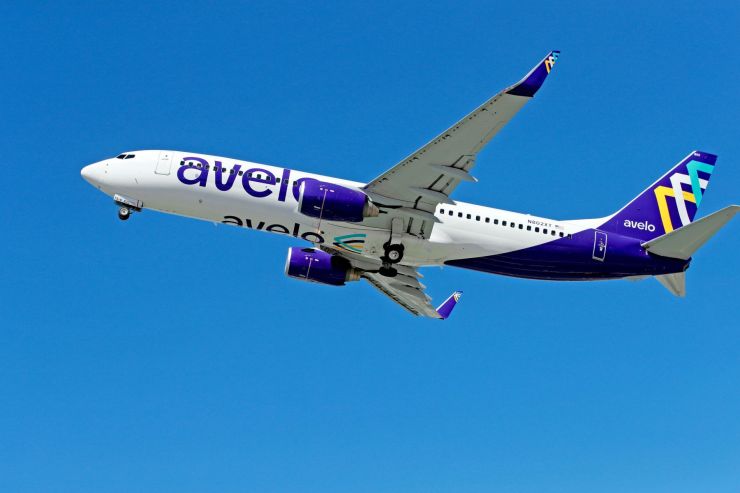 An Avelo airplane is pictured taking off.