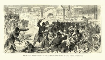 Vintage engraving of police and military breaking up a railway strike in Motherwell, Scotland, in the 19th century.