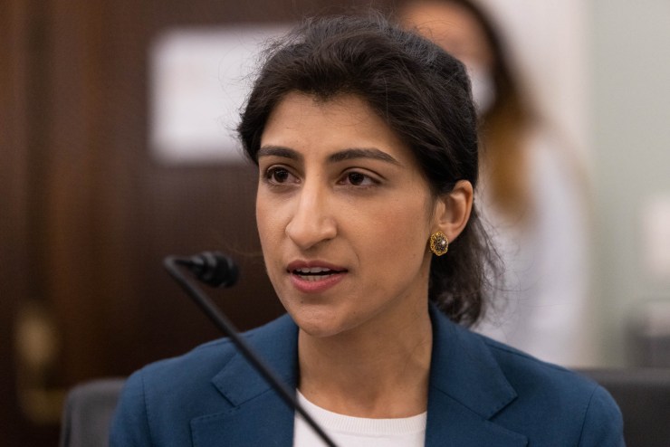 Federal Trade Commission Chair Lina M. Khan testifies during a Senate Commerce, Science, and Transportation Committee nomination hearing on Capitol Hill on April 21, 2021 in Washington, DC., when Khan was only a nominee for the position