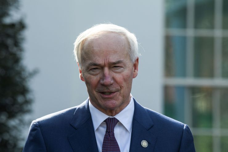 Arkansas Gov. Asa Hutchinson speaks outside the White House after a meeting with President Joe Biden and members of the National Governors Association in January.
