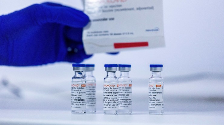 Several vials of a Novavax vaccine.