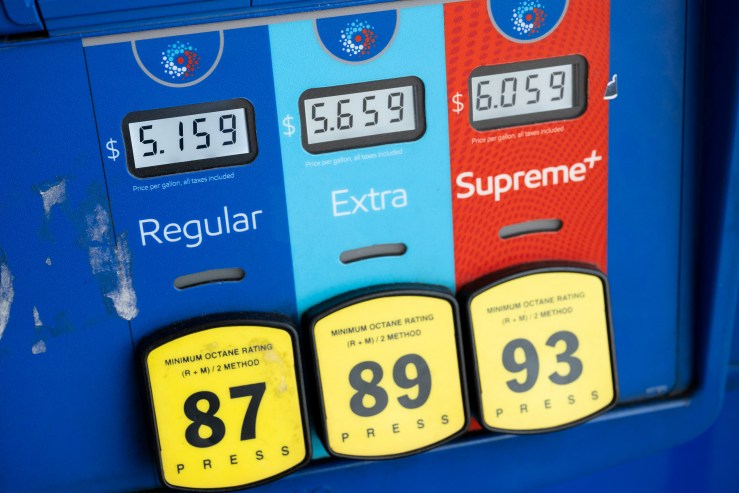 Price and octane panels on a gasoline pump.