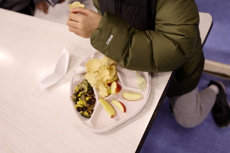 A student's arm and a plate with a vegan lunch at a cafeteria table.