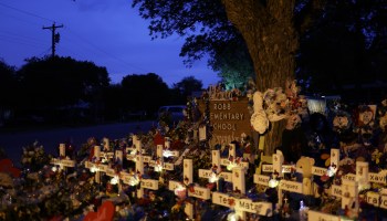 Wooden crosses are placed at a memorial dedicated to the victims of the mass shooting at Robb Elementary School on June 3, 2022 in Uvalde, Texas.