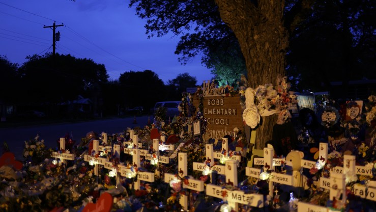 Wooden crosses are placed at a memorial dedicated to the victims of the mass shooting at Robb Elementary School on June 3, 2022 in Uvalde, Texas.