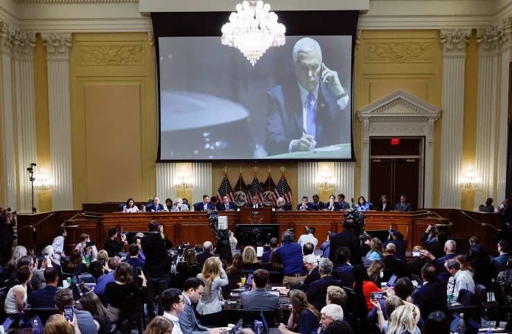 An image of former Vice President Mike Pence on the night of Jan. 6 is displayed during the third hearing of the House select committee to investigate the attack on the U.S. Capitol.