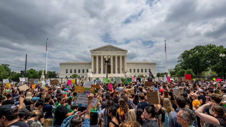 People protest in response to the Dobbs v. Jackson Women's Health Organization ruling in front of the U.S. Supreme Court on June 24, 2022.