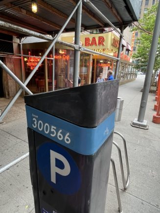 A parking meter is seen in front of Junior's restaurant in Brookyln.