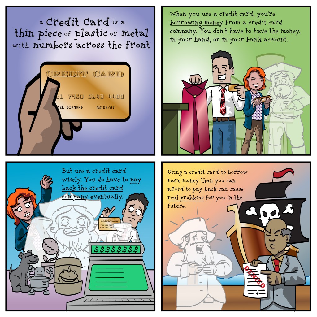 A four-panel comic explaining the basics of credit cards with Ryan, Bridget and Ghost Black Beard.