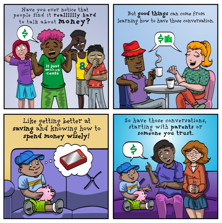 A four-panel comic exploring why it's hard to talk about money, but important to speak openly with a trusted person because only good things will happen. 