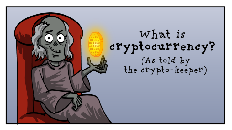 A cartoon of the skeletal "Crypto Keeper" with the title "What is cryptocurrency?"