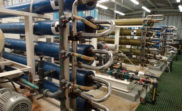Rows of horizontal blue tubing inside the plant.