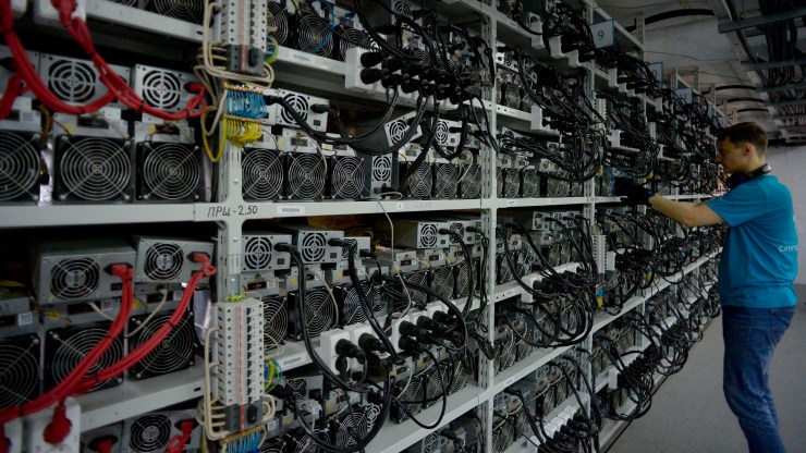 An array of computers for the production of bitcoins in Russia.