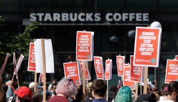 Activists demonstrate in support of a Starbucks union drive in Seattle.