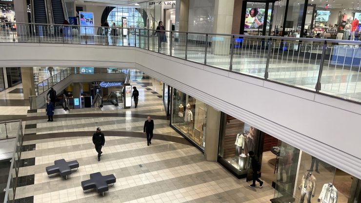 Interior of a mostly empty mall.