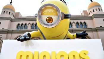 A one-eyed minion with gloves and a goggle peeks over a sign reading "minions."