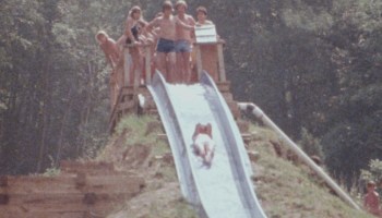 A group of people stand at the top of a water slide and watch one person go down it.