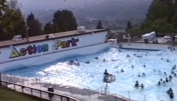 A grainy photograph shows the wave pool at the water park Action Park.