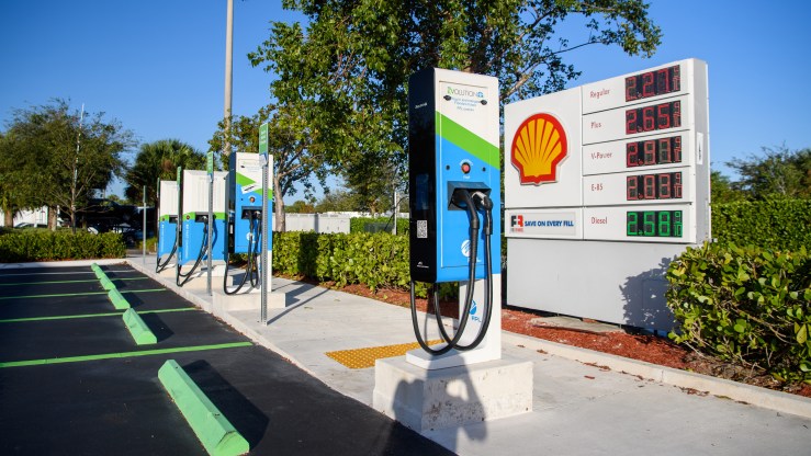 FPL Evolution chargers at Turnpike Plaza in West Palm Beach, Florida in December 2020.