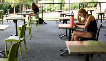 A student studies in an open-air seating area on the campus of the University of North Carolina at Chapel Hill.