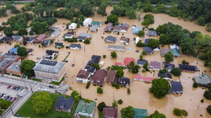 Aerial view of homes submerged under floodwaters in Kentucky.