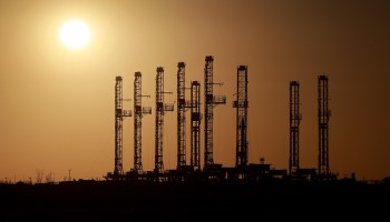 Drilling rigs sit unused in Odessa, Texas.