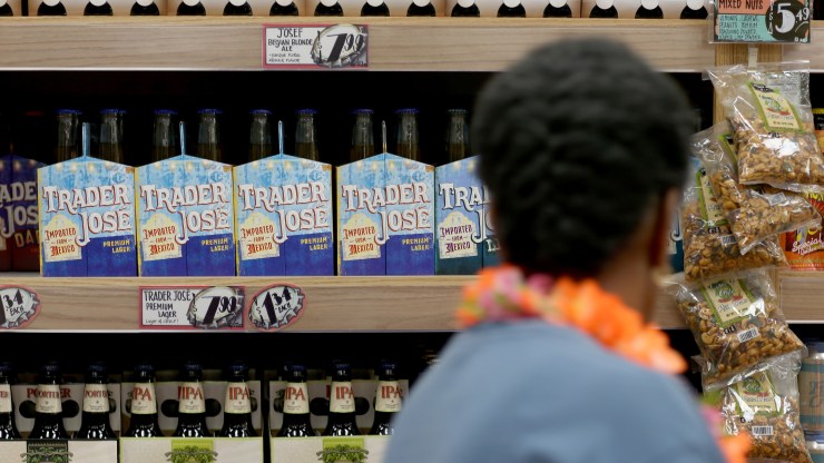 Trader Joe's beer is seen on the shelf during the grand opening of a Trader Joe's on October 18, 2013 in