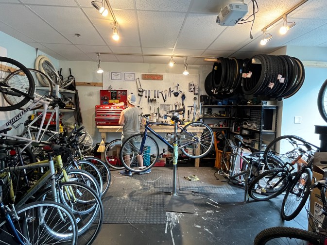 The repair room at Lighthouse Bikes in Portland, Maine.