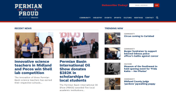 A screenshot of the homepage for Permian Proud which features six headlines and photos.