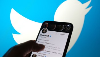 Elon Musk's Twitter feed shown on a cellphone. Behind it is Twitter's bird logo.